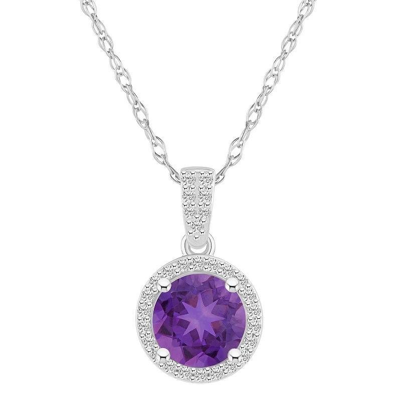 Celebration Gems 10k White Gold Round Gemstone & Lab-Created White Sapphire Halo Pendant Necklace, Womens Purple Product Image