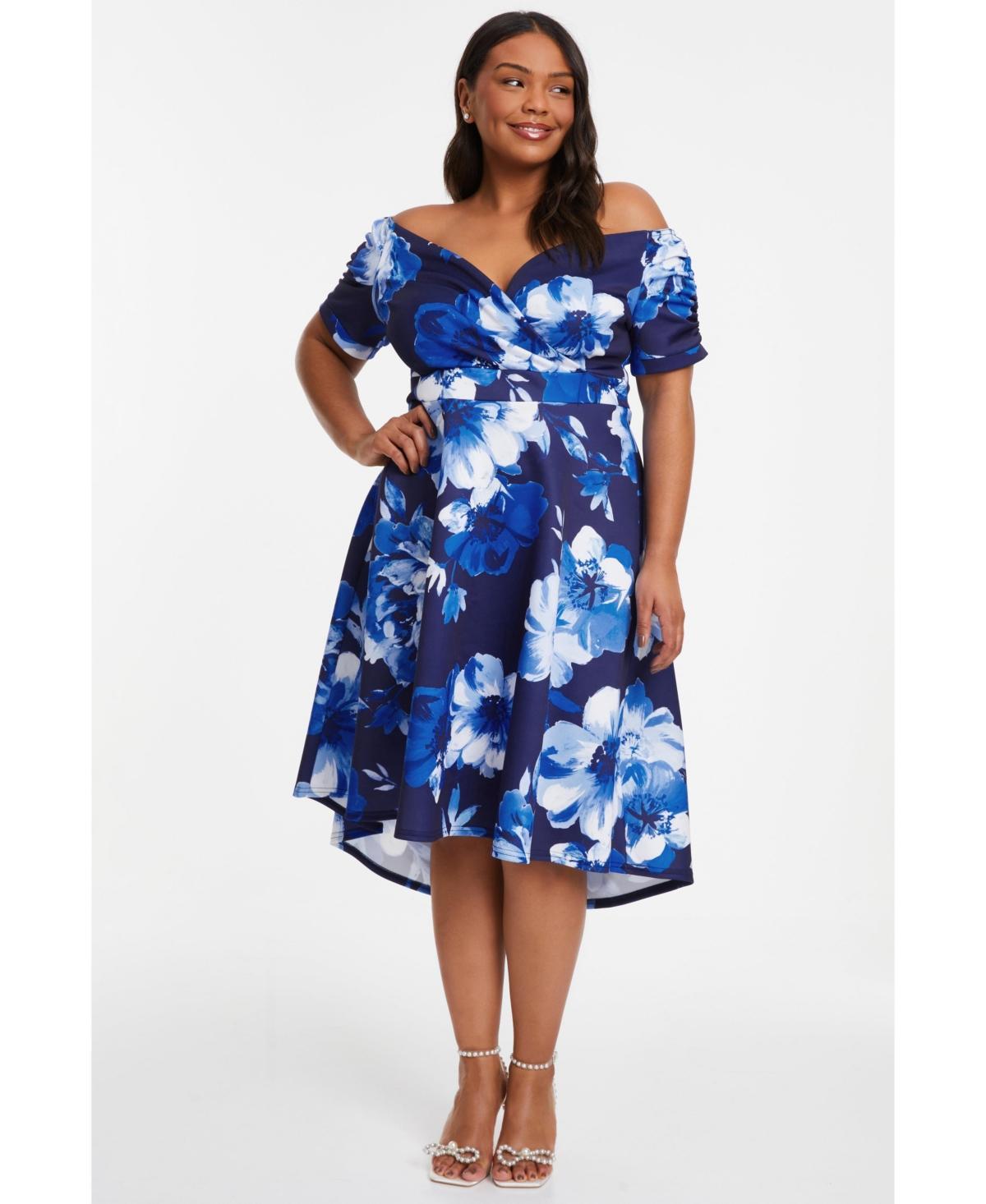 Quiz Womens Plus Size Floral Bardot Ruched Dip Hem Dress Product Image