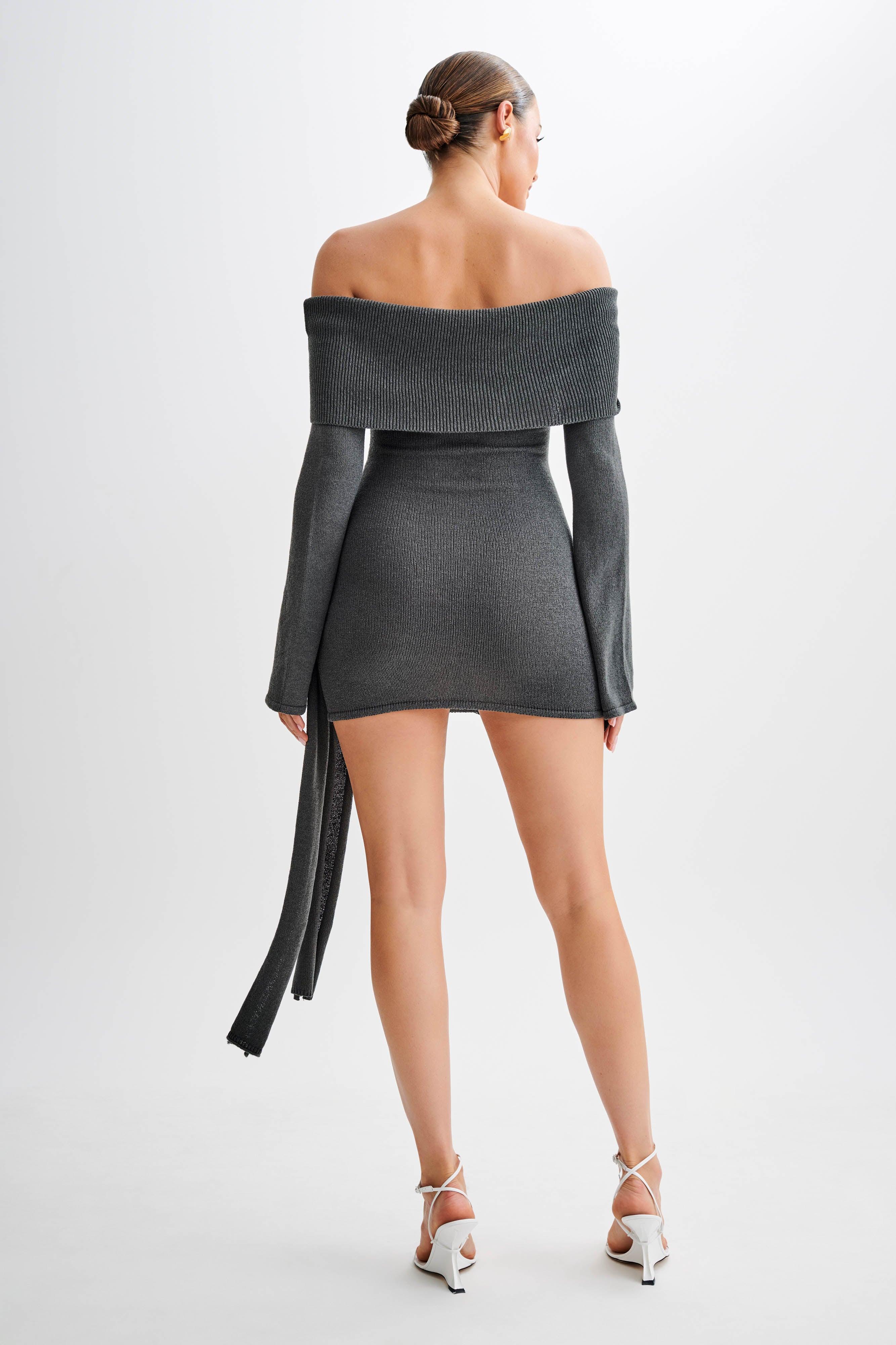 Camryn Off Shoulder Tie Knit Mini Dress - Charcoal Product Image