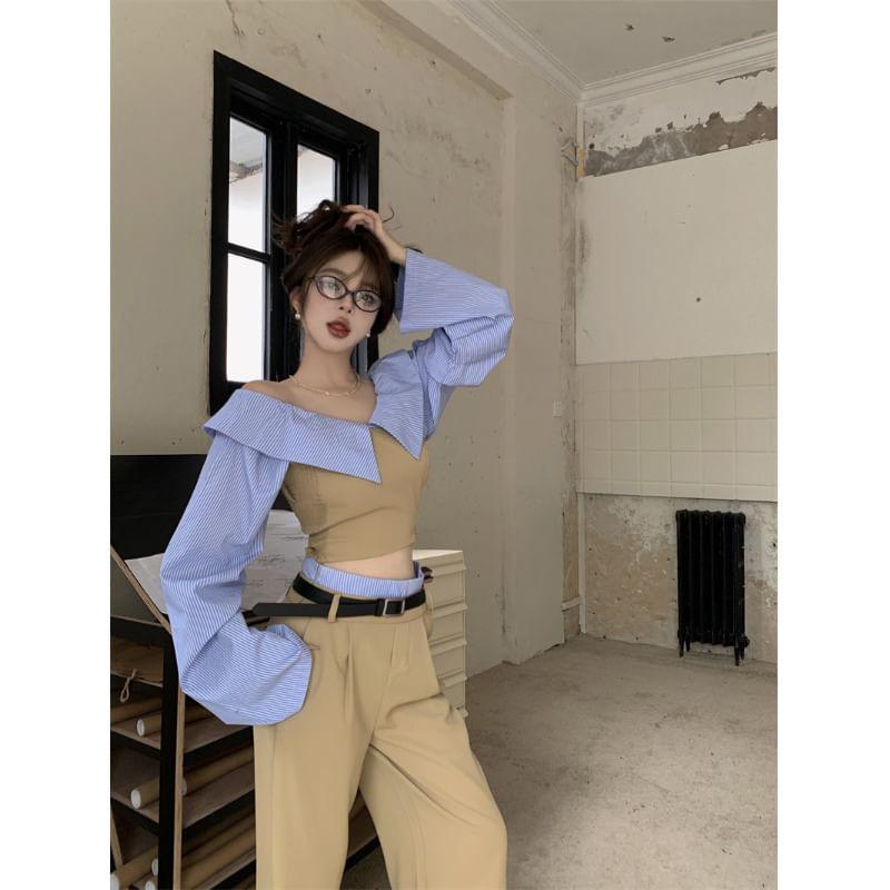 Long-Sleeve Off-Shoulder Mock Two-Piece Striped Panel Crop Blouse / High Rise Wide Leg Slacks / Belt / Set Product Image