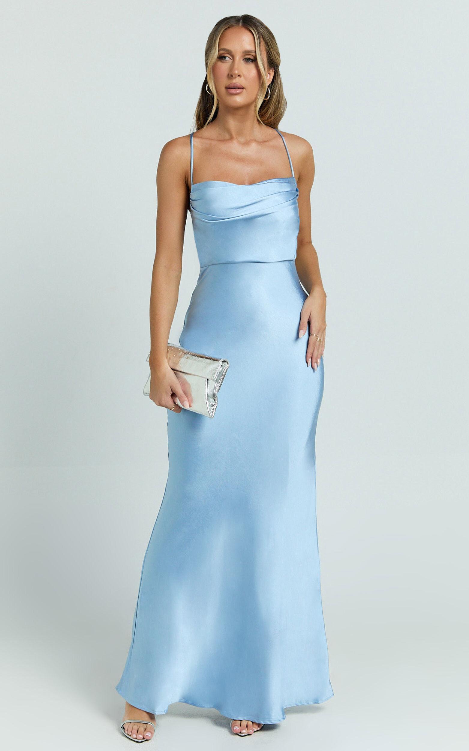 Hanna Maxi Dress - Satin Cowl Neck Low Back Dress in Blue Product Image