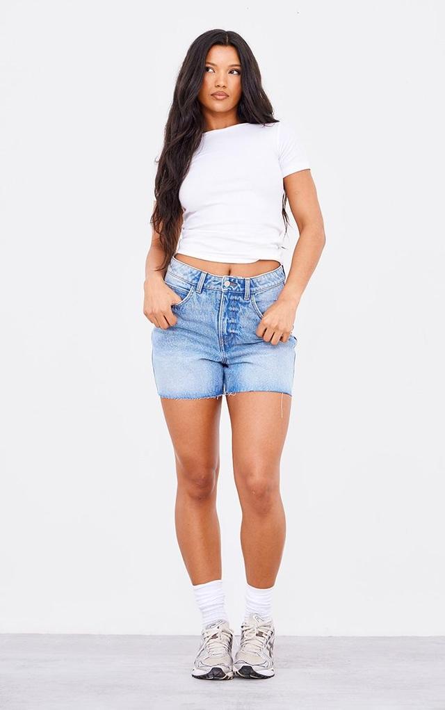 PRETTYLITTLETHING Mid Blue Wash Raw Hem Boyfriend Denim Shorts Product Image