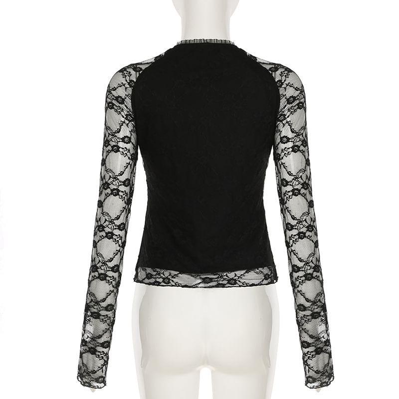 Long-Sleeve V-Neck Frill Trim Tie Front Lace Slim Fit Crop Top Product Image