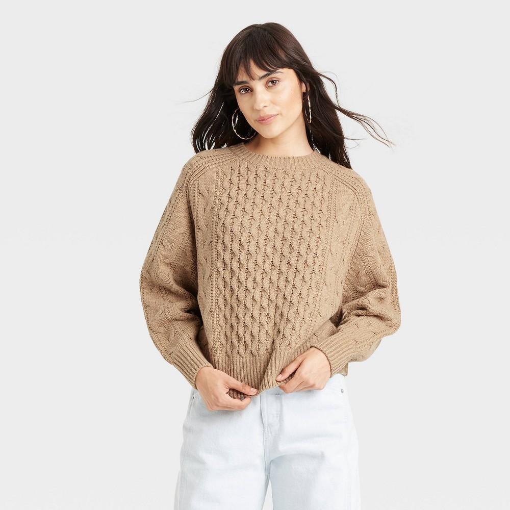 Womens Crewneck Cable Knit Pullover Sweater - Universal Thread Tan Product Image