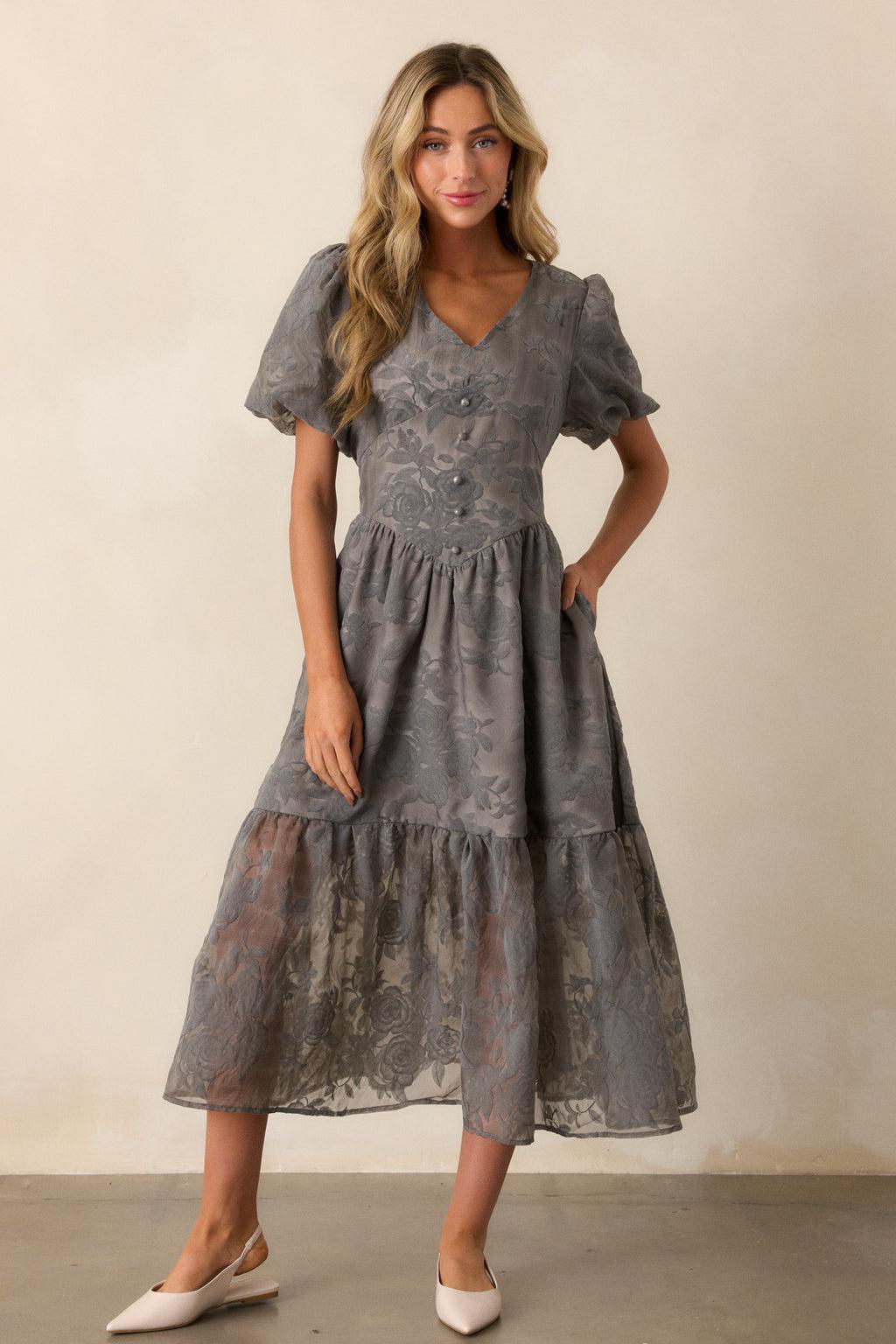 Faded Blossoms Grey Floral Puff Sleeve Midi Dress Product Image