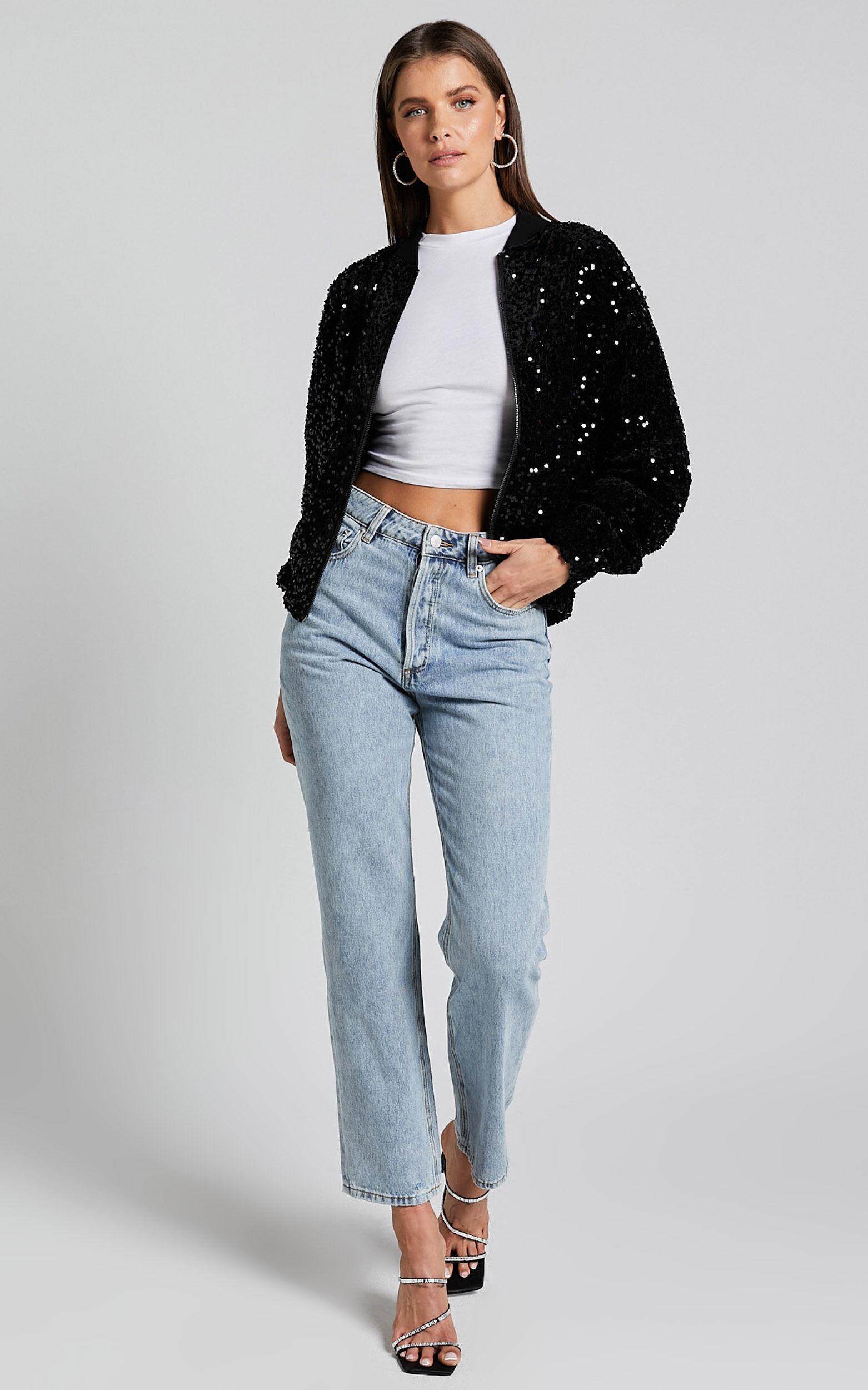 Poinsettia Jacket - Sequin Bomber in Black Product Image