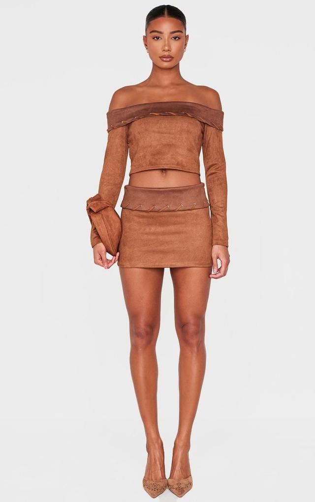 Brown Faux Suede Contrast Fold Over Stitch Detail Mini Skirt Product Image