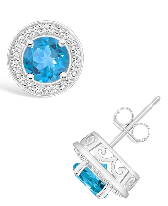 Celebration Gems Sterling Silver Round Gemstone & 1/5 Carat T.W. Diamond Halo Stud Earrings, Womens, Blue Product Image