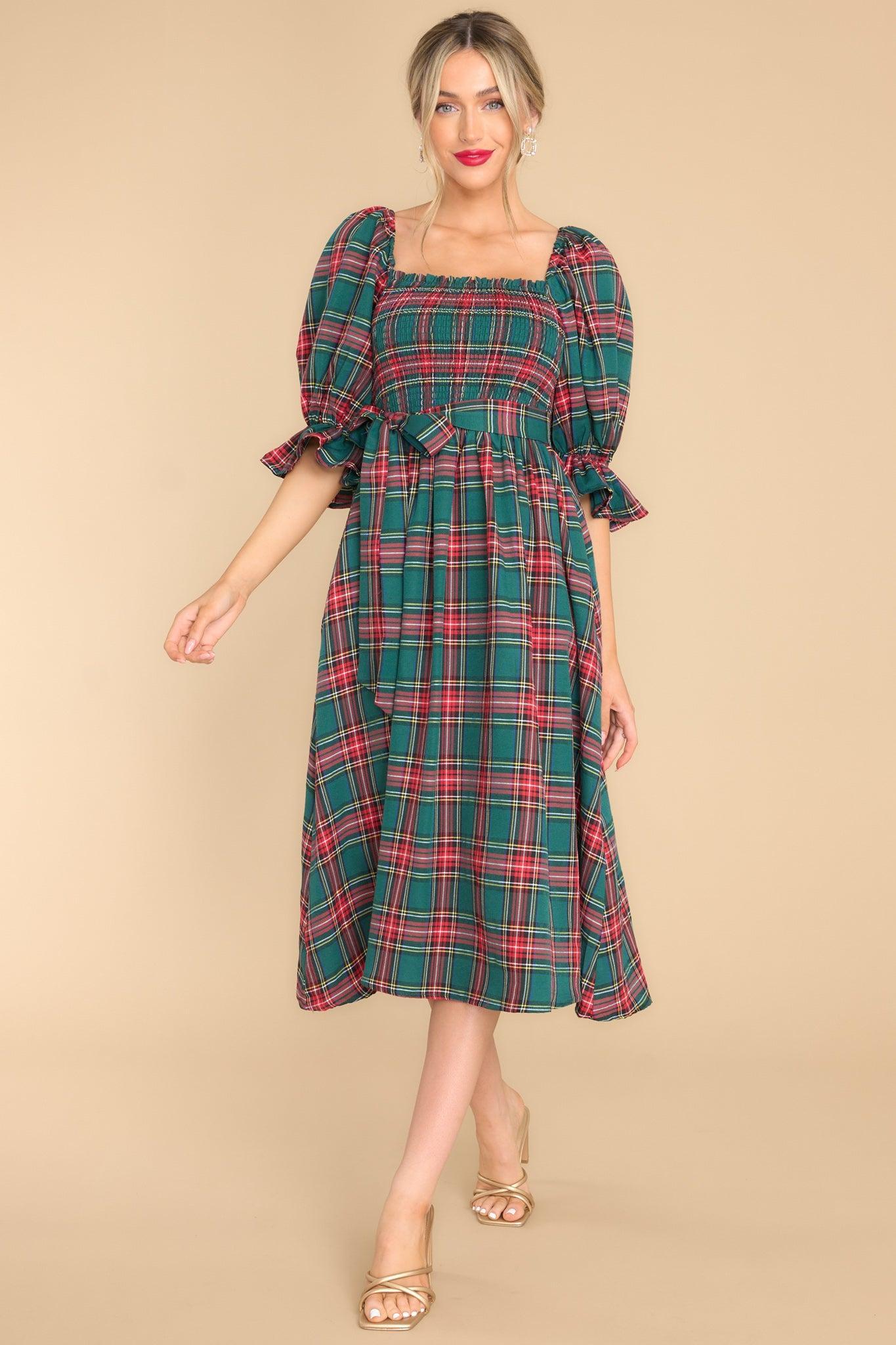 Aura Wishful Wonderland Emerald Plaid Midi Dress Green Product Image