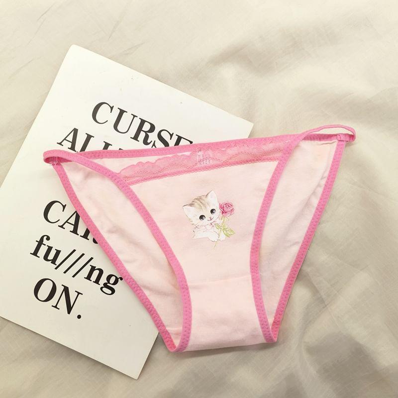 Cat Print Lace Trim Bikini Panties Product Image