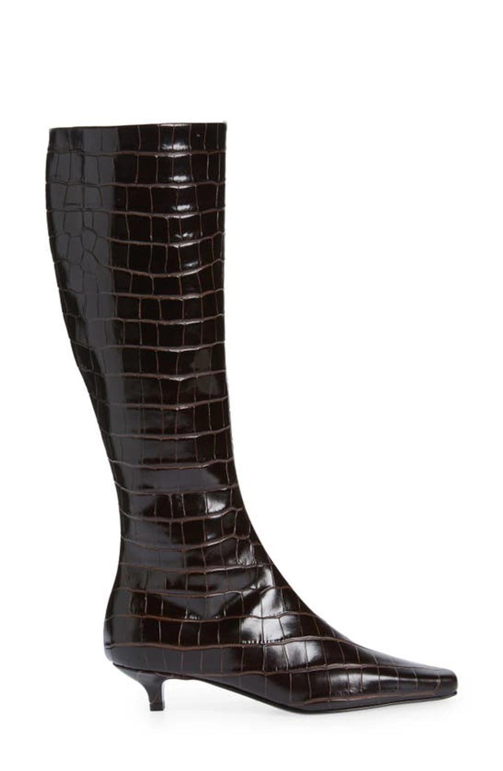 TOTÊME Toteme The Slim Croc Embossed Kitten Heel Knee High Boot In Dark Brown Product Image