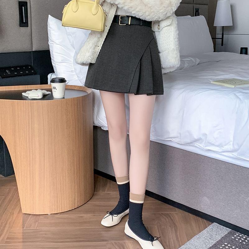 High Waist Plain Pleated Panel Mini A-Line Skirt Product Image