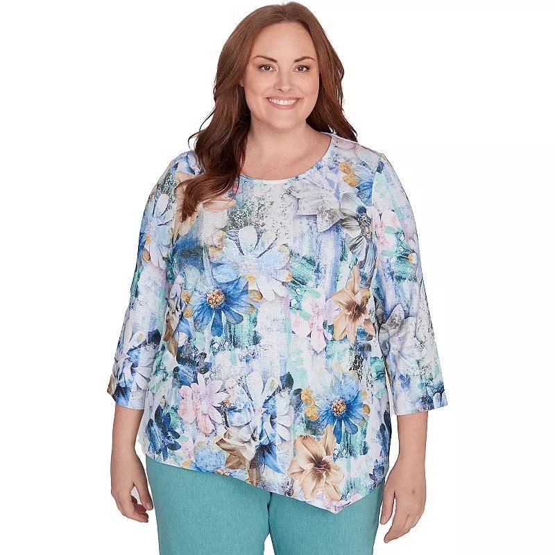 Plus Size Alfred Dunner Watercolor Floral Asymmetric Hem Top, Womens Product Image