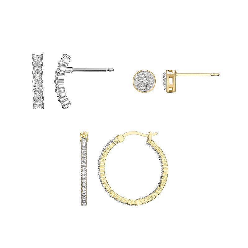 18k Gold Over Silver Two-Tone Diamond Accent Hoop & Stud Earring Set, Womens, White Product Image