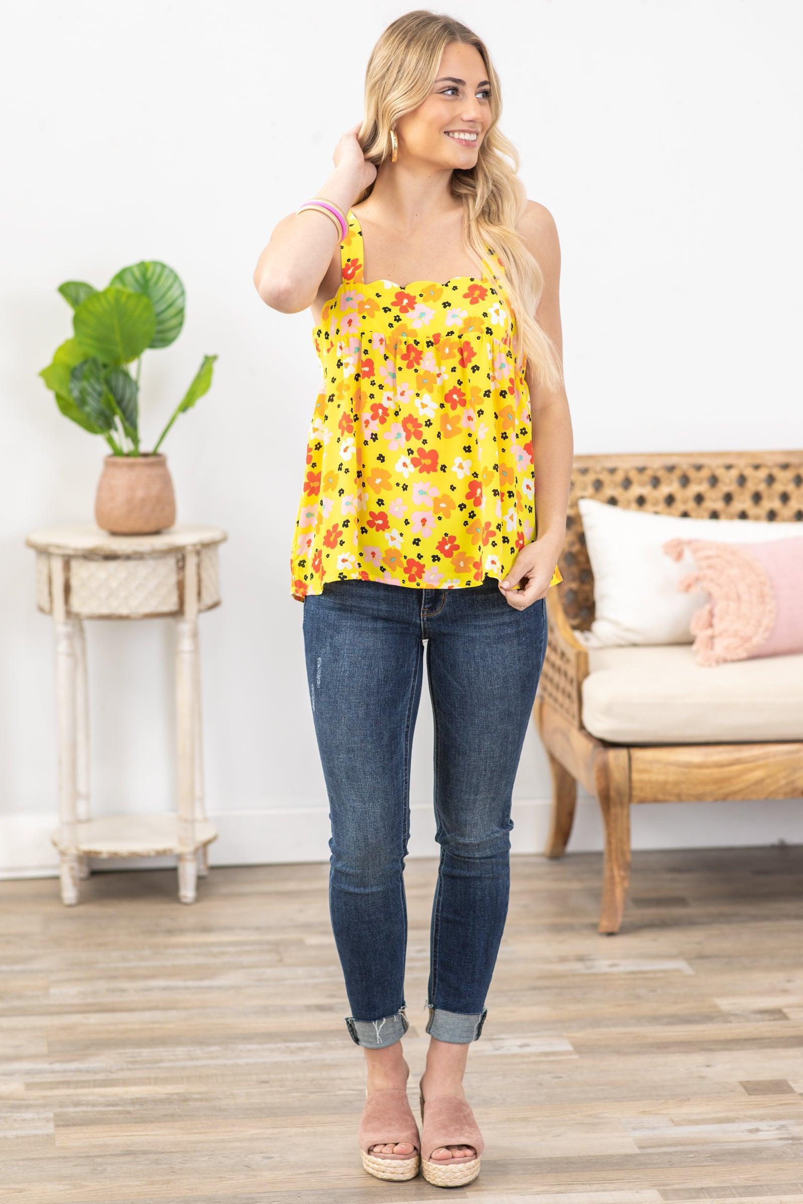 Yellow Floral Square Neckline Woven Top Product Image