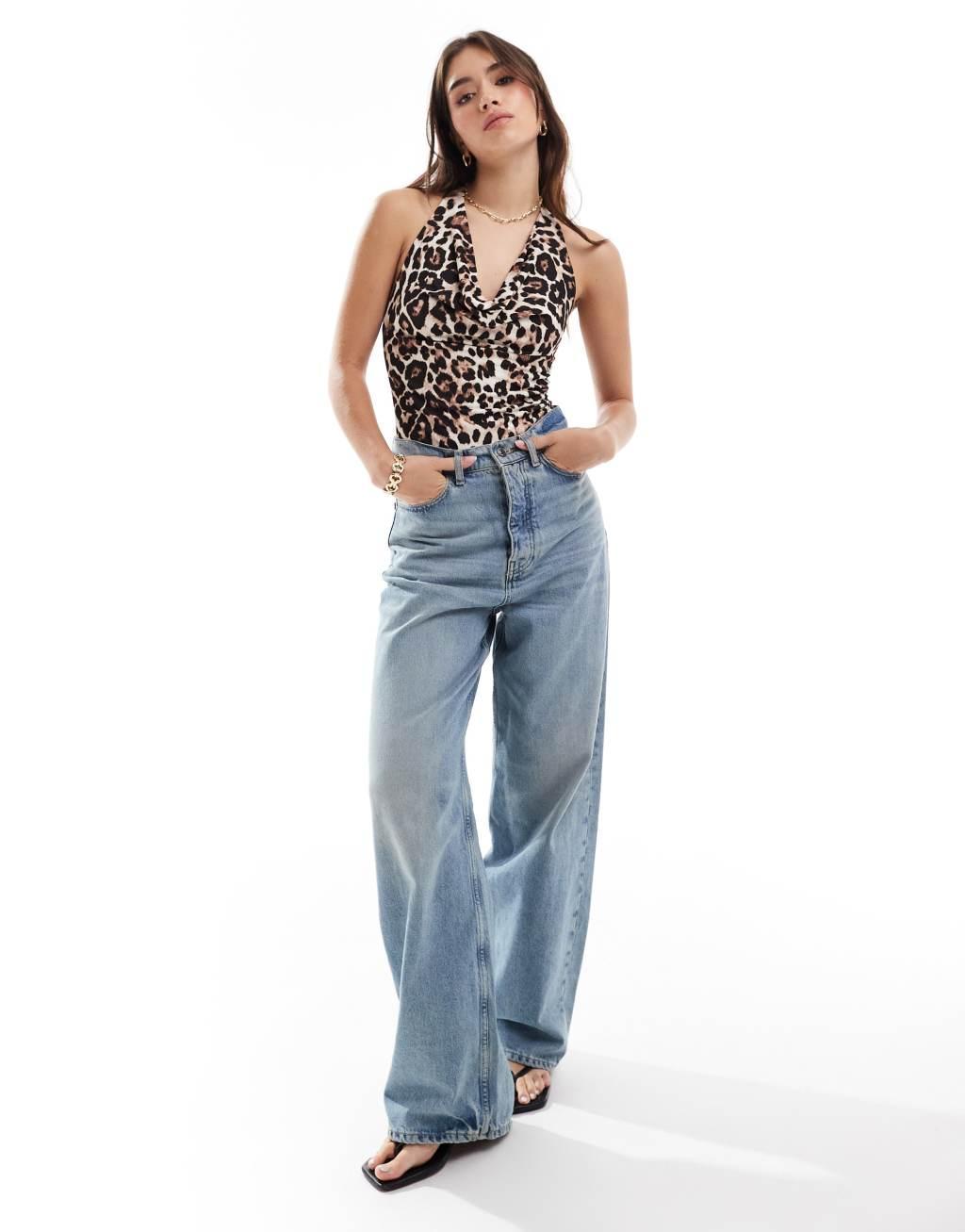 Bershka cowl neck polyamide bodysuit in leopard print Product Image