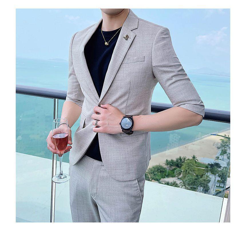 Set: Elbow-Sleeve Lapel Collar Single Button Blazer + High Waist Plain Dress Pants Product Image