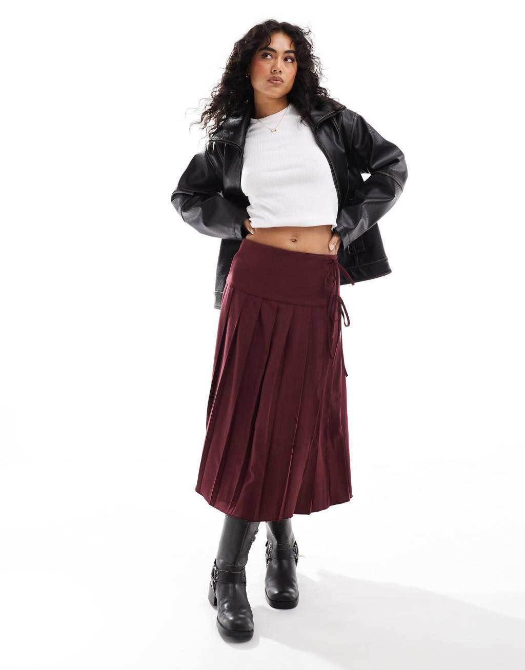 ASOS DESIGN tailored pleated wrap midi skirt in burgundy product image