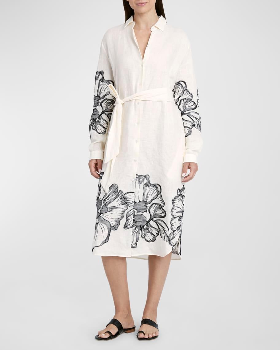 Floral Embroidered Linen Belted Shirtdress Product Image