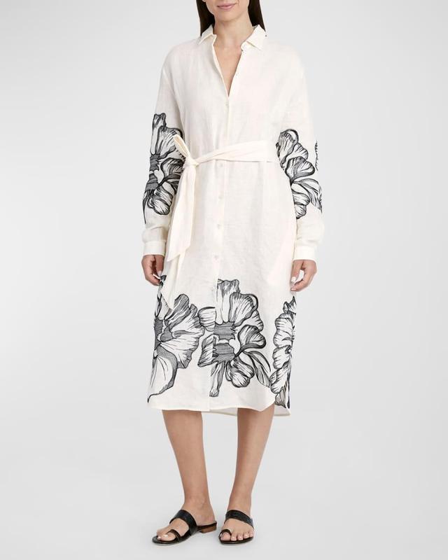 Floral Embroidered Linen Belted Shirtdress Product Image