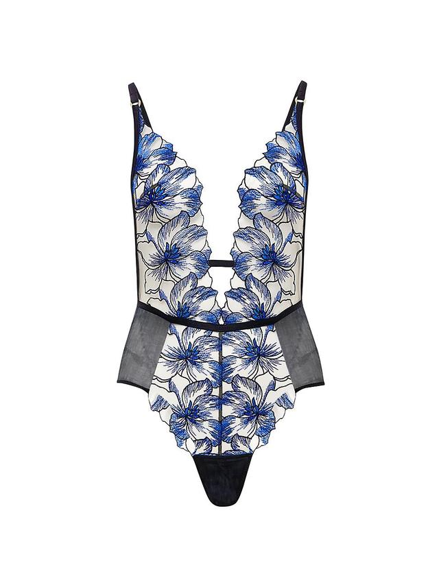 Womens Floral-Embroidered Mesh Plunge Bodysuit Product Image