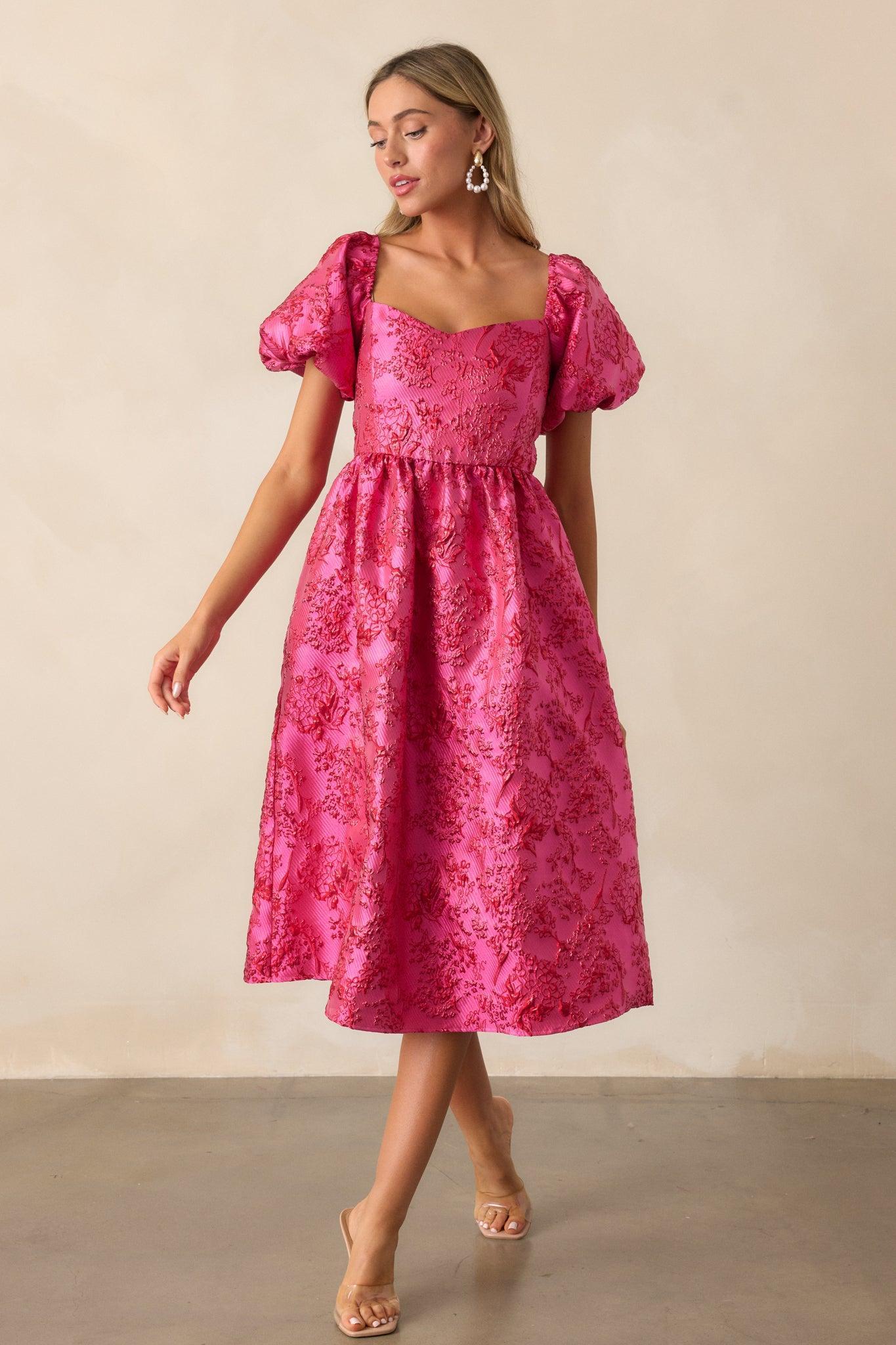 Blooming Hearts Pink Floral Jacquard Midi Dress Product Image