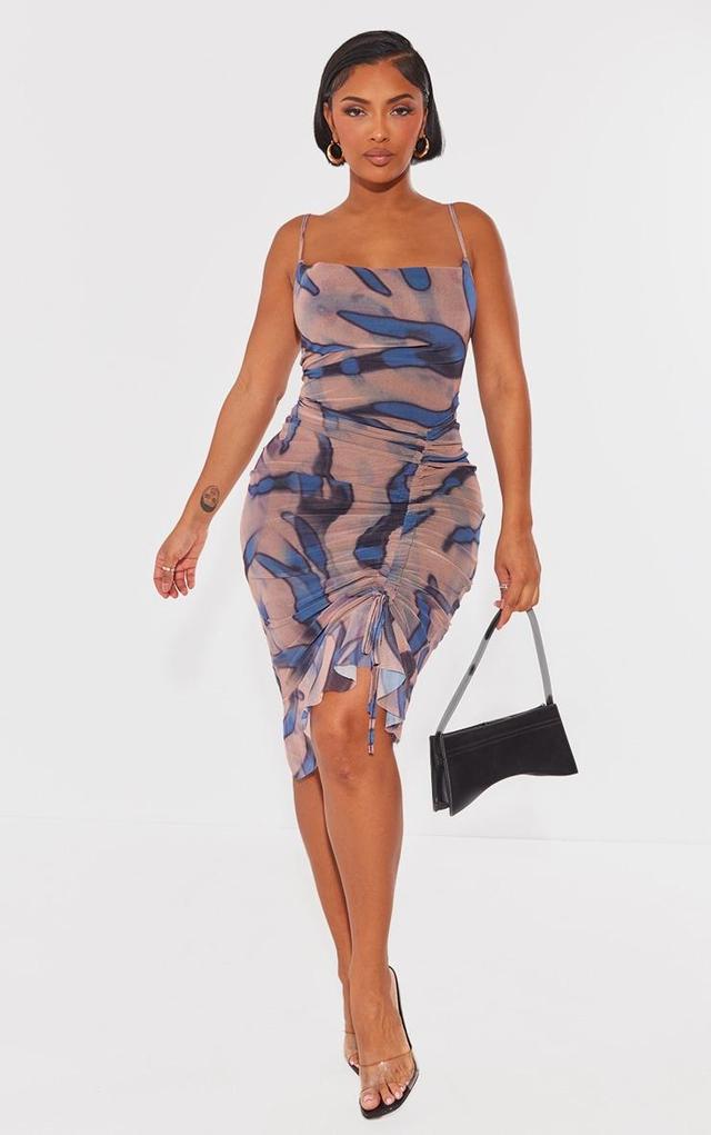 Shape Blue Zebra Print Mesh Cowl Ruched Midi Dress Product Image