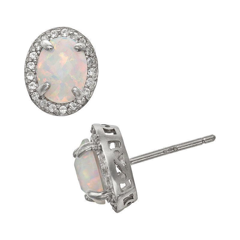 Sterling Silver Lab-Created Opal and Lab-Created White Sapphire Halo Stud Earrings, Womens, Multicolor Product Image