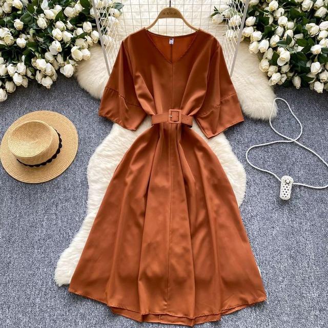 Short-Sleeve V-Neck Plain Midi A-Line Dress Product Image