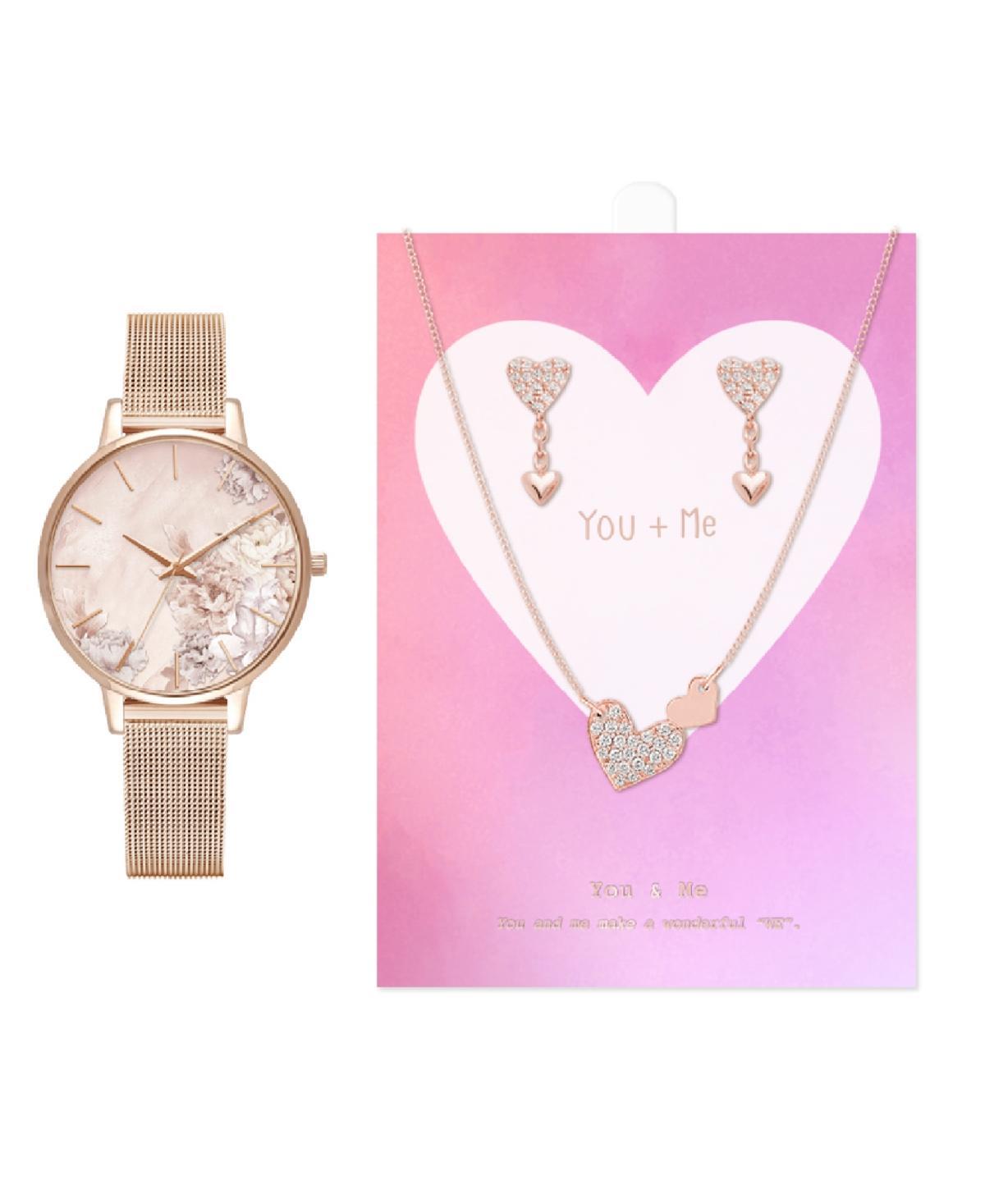 Jessica Carlyle Womens Rose Gold Tone Mesh Band Watch, Heart Link Necklace & Drop Earring Set Pink Product Image