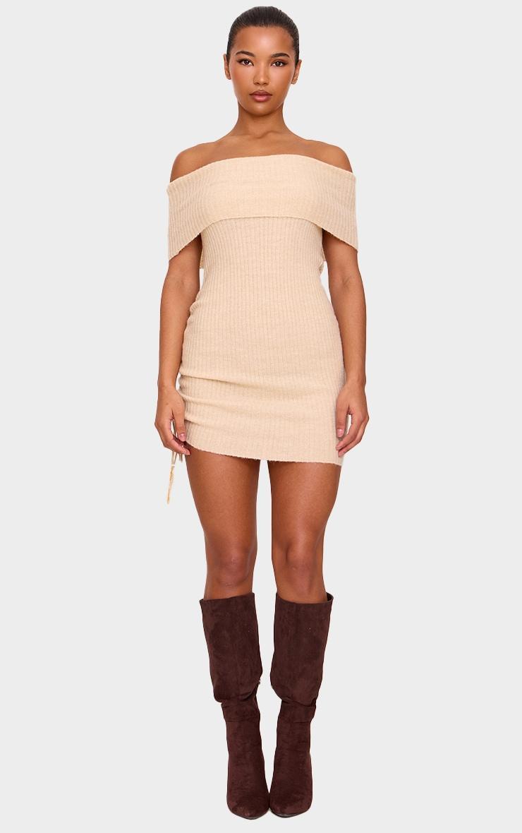 Deep Taupe Rib Knit Bardot Fold Over Tie Side Mini Dress Product Image