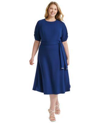 Plus Size Round-Neck Fit & Flare Scuba Crepe Dress  Product Image