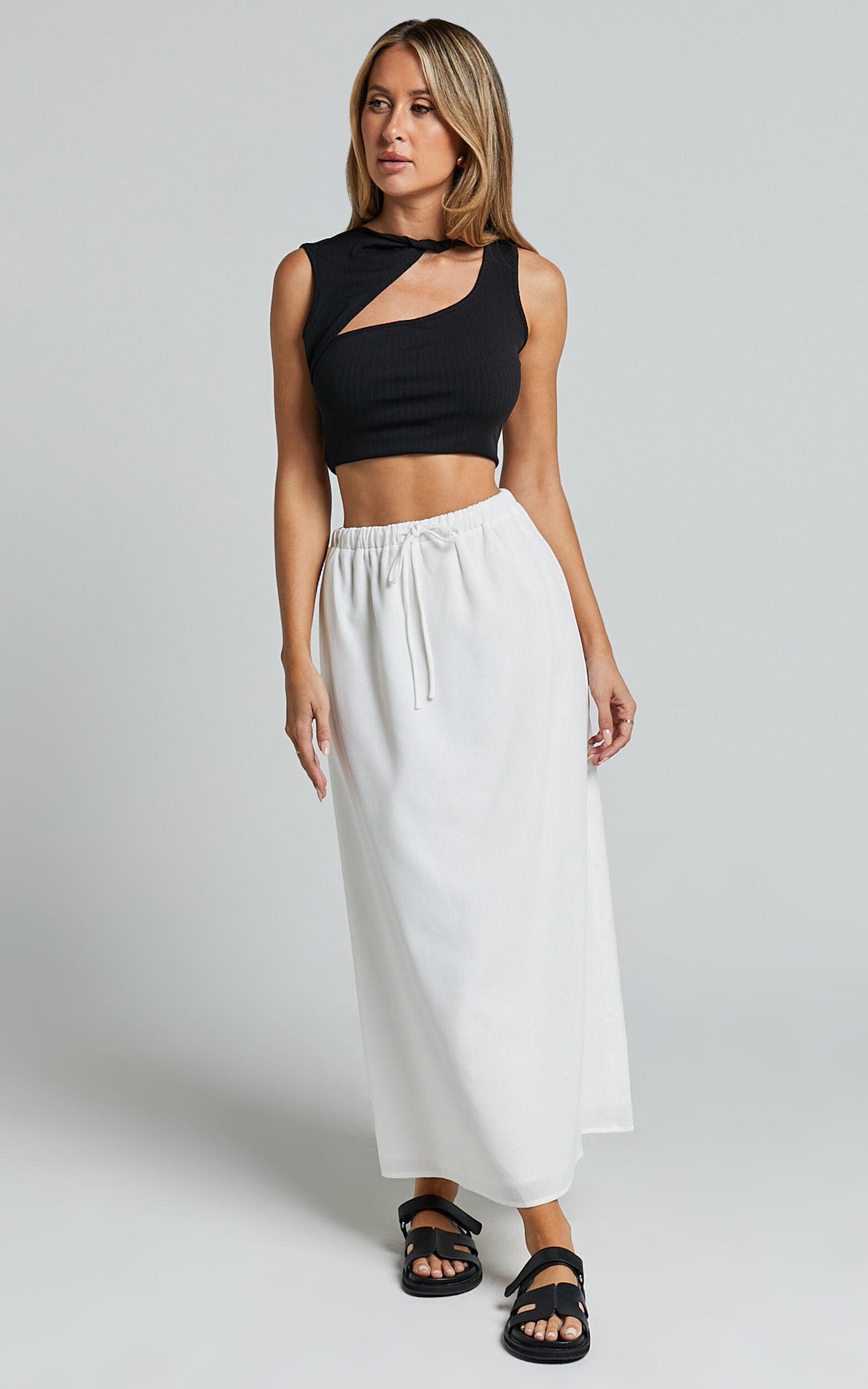 Bree Midi Skirt - Tie Waist Linen Look A Line Skirt in White Product Image