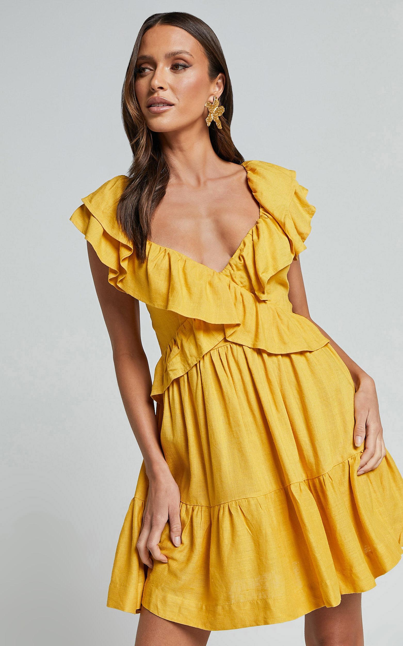 Amalie The Label - Hescia Linen Blend Frill Detail Low Back Mini Dress in Warm Yellow Gold Product Image