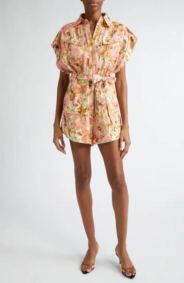 ZIMMERMANN Golden Floral Print Belted Linen Romper In Multicolor Product Image