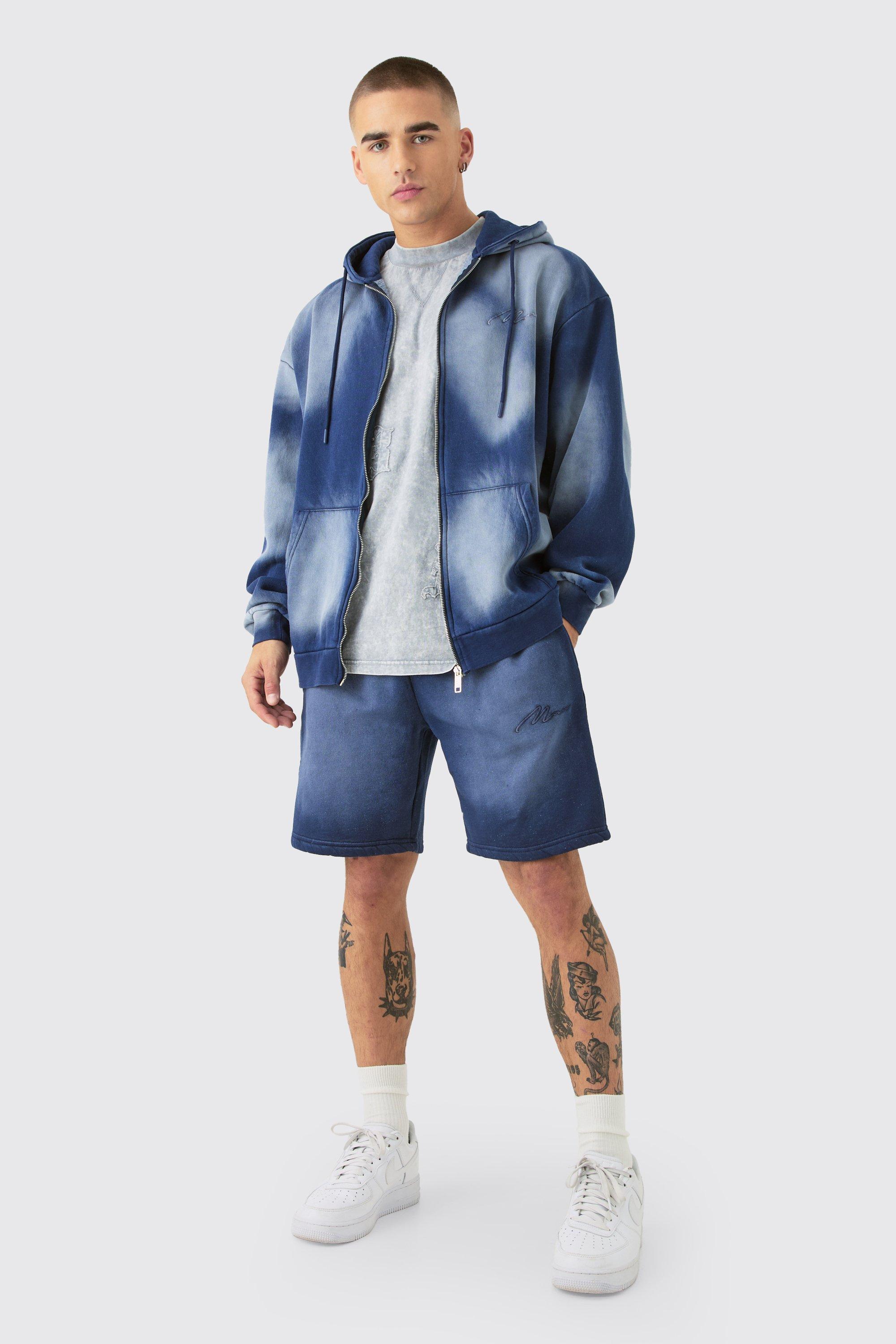 Man Oversized Sun Bleach Zip Through Hooded Short Tracksuit | boohooMAN USA Product Image