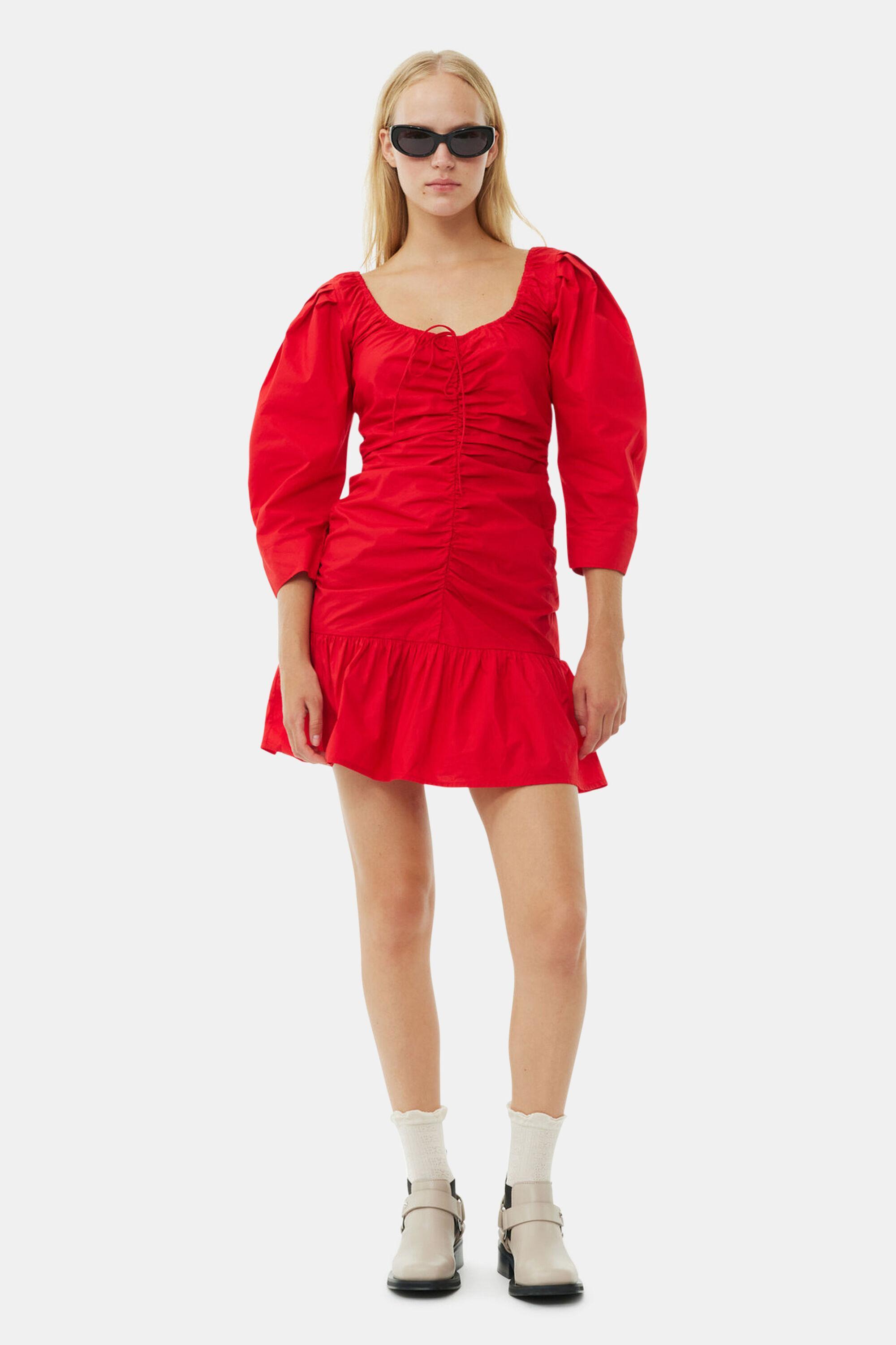 Red Cotton Poplin Gathered U-neck Mini Dress Product Image