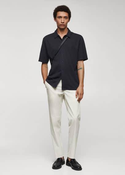 MANGO MAN - Cotton seersucker pants with drawstring off whiteMen Product Image