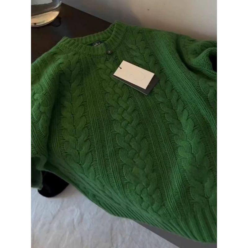 Round Neck Plain Cable Knit Sweater Product Image