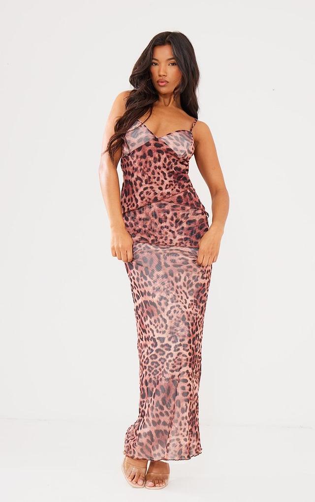 Brown Leopard Mesh Raw Hem Tiered Maxi Dress Product Image