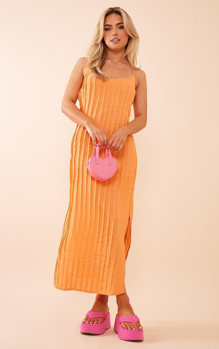 Orange Linen Look Pleat Detail Split Side Midaxi Dress Product Image