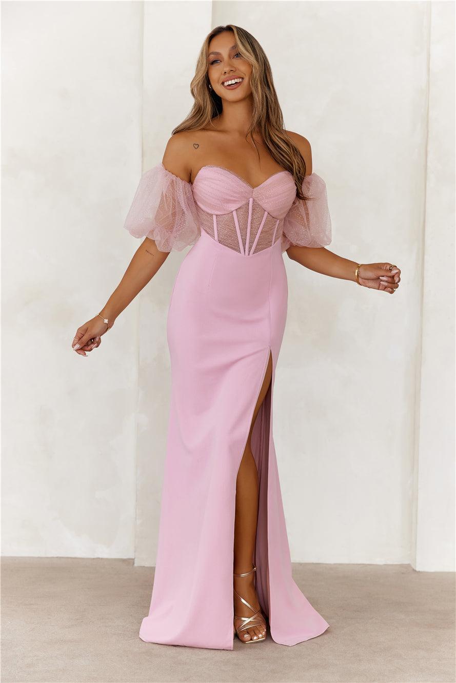 Champagne Soirée Off Shoulder Maxi Dress Pink Product Image