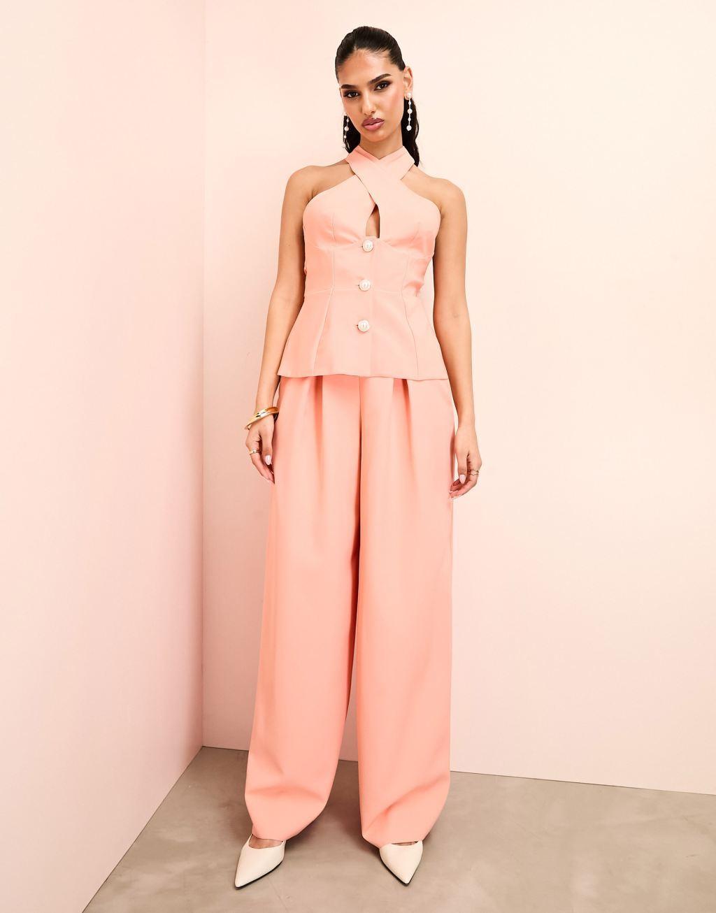 ASOS LUXE halter neck tailored vest with bow back detail in peach Product Image