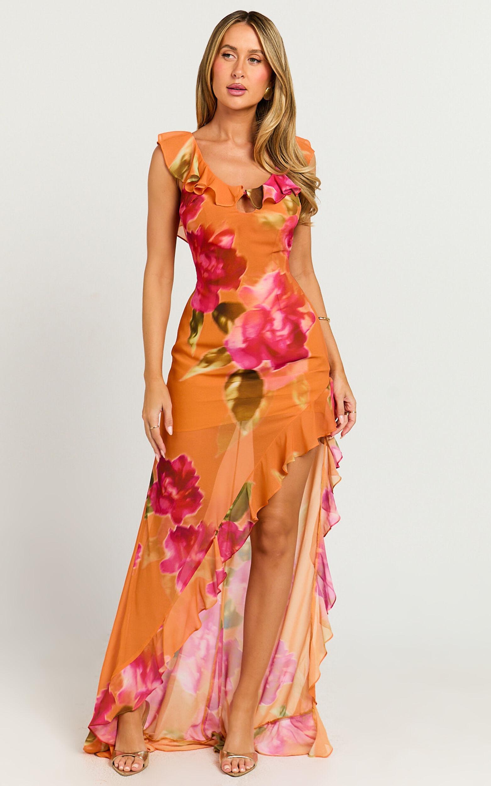 Theadore Maxi Dress - One Shoulder Asymmetric Hem Dress in Tropical Sunset Product Image