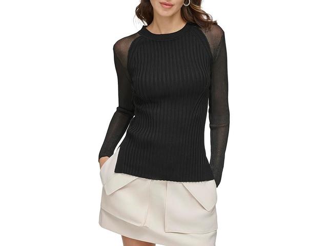 DKNY Long Sleeve Sheer Yarn Combo Sweater Black) Women's Clothing Product Image