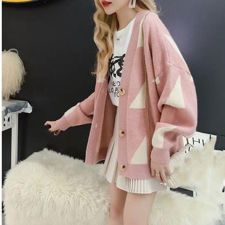 V-Neck Two Tone Patterned Cardigan Product Image