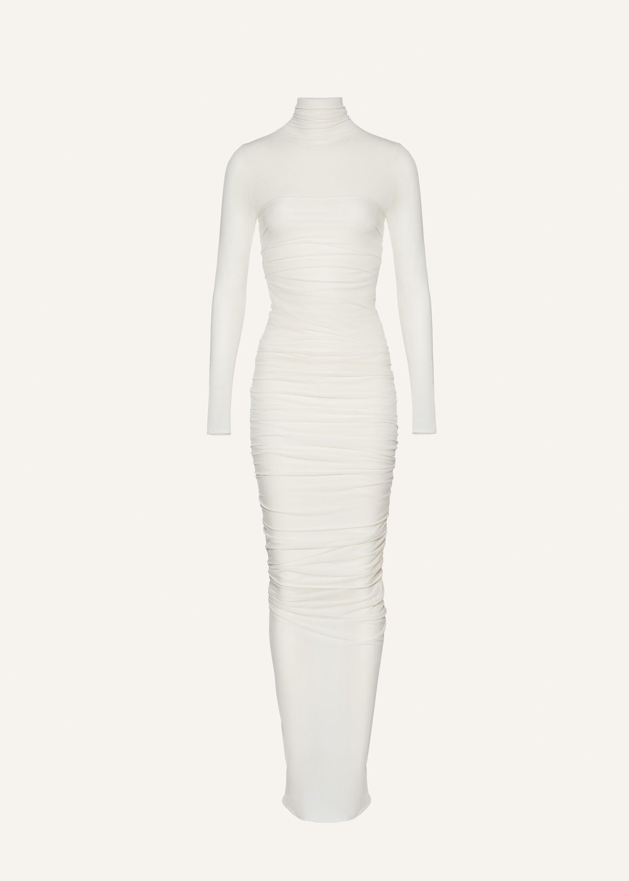 High-neck ruched maxi dress in cream Product Image