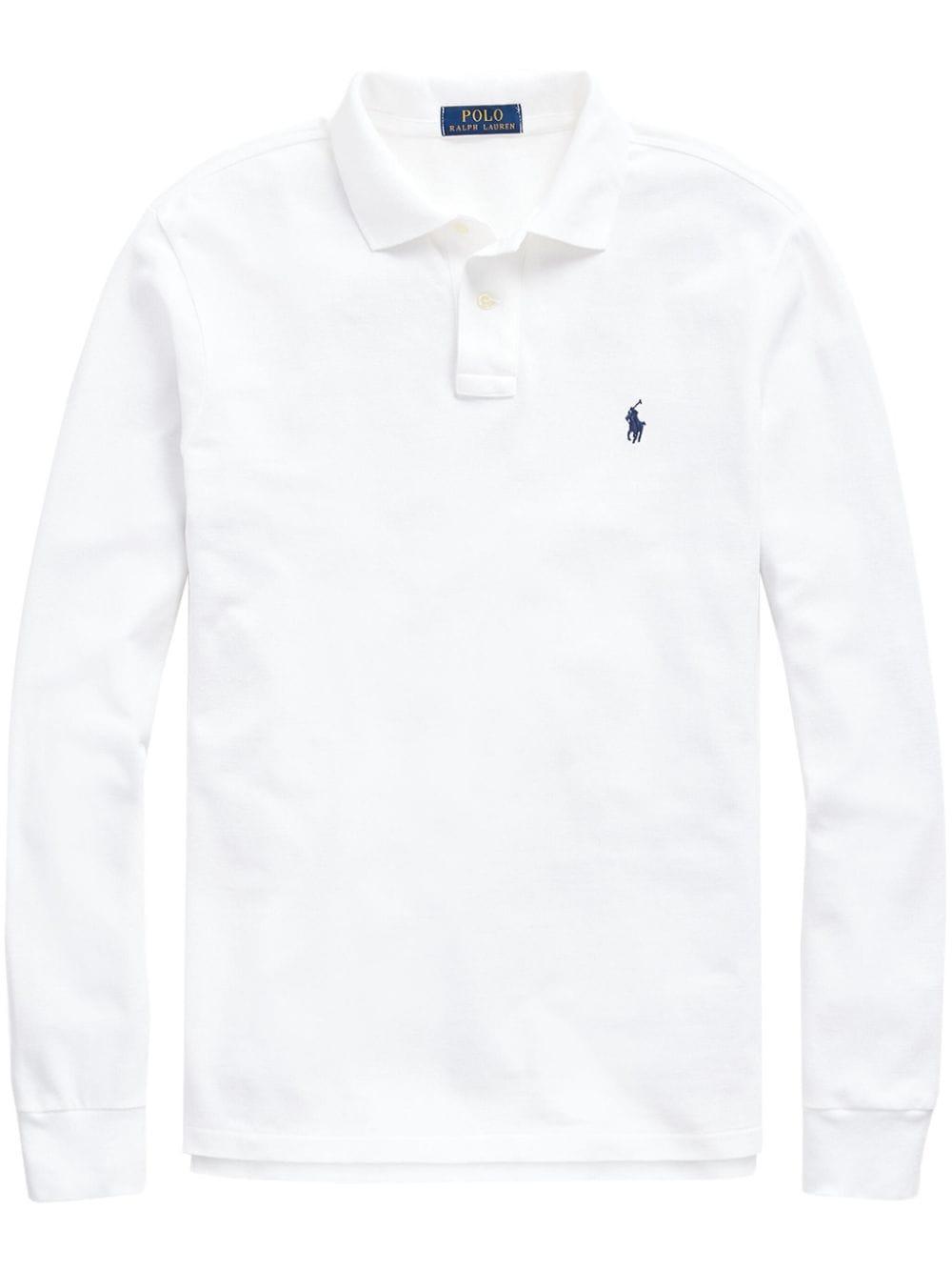 Logo-embroidered Cotton Long-sleeved Polo Shirt In White Product Image