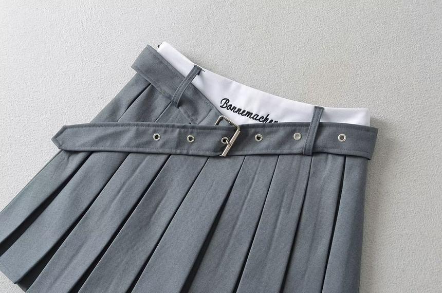 Set: High Rise Lettering Embroidered Pleated Mini A-Line Skirt + Belt Product Image