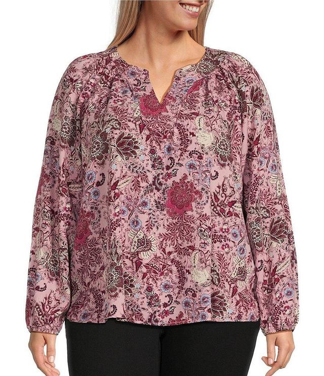 Westbound Plus Size Batik Mauve Print Long Sleeve V-Neck Embroidered Top Product Image